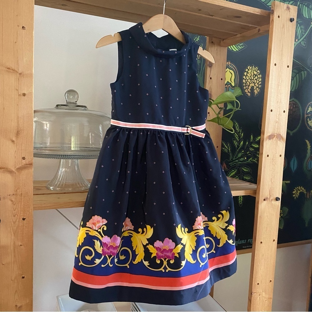 Janie and Jack Navy Blue Floral Scarf Border Dress 4t - Picture 3 of 12